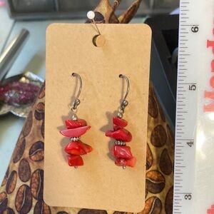 🎄Silver and red coral stone dangle pierced earrings